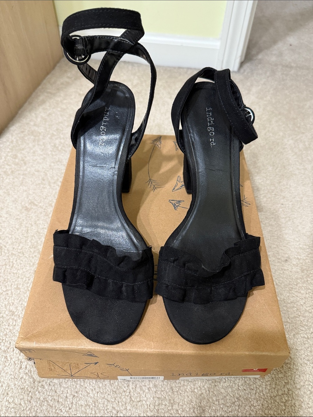 Indigo Black Ruffle Block Heel Ankle-Strap Sandals